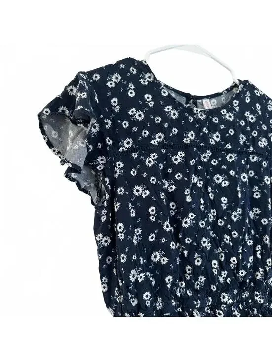 Floral Print Short Sleeve Cinched Waist Blouse BLUE WHITE XS - Picture 5 of 7